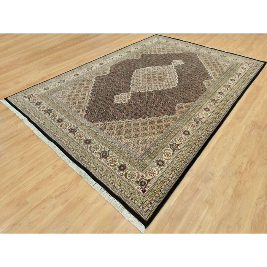 9'8"x14'2" Smoky Black With Swan Wing White, Tabriz Mahi With Fish Medallion Design, Densely Woven 100% Wool, Hand Knotted, Oriental Rug Sh90624 - Image 3
