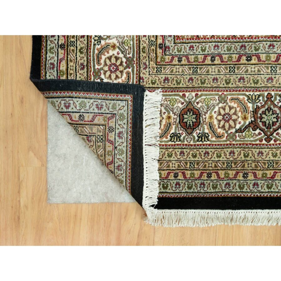 9'8"x14'2" Smoky Black With Swan Wing White, Tabriz Mahi With Fish Medallion Design, Densely Woven 100% Wool, Hand Knotted, Oriental Rug Sh90624 - Image 4