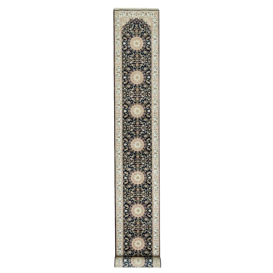 2'5"x20'1" College Navy Blue, Glacier White Border, Natural Wool Hand Knotted Central Medallion Flower Design Nain, 250 KPSI, Oriental XL Runner Rug Sh90627