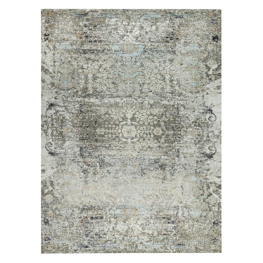 9'x12' Trafalgar Gray, Hand Knotted Transitional Persian Influence Erased Medallion Design, Silk with Textured Wool, Oriental Rug Sh90679