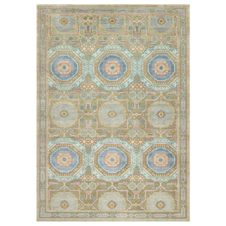 11'6"x18'1" Edamame Brown, Mamluk Design with Geometric Medallions, Textured Wool and Silk, Hand Knotted Oriental Oversized Rug Sh90689