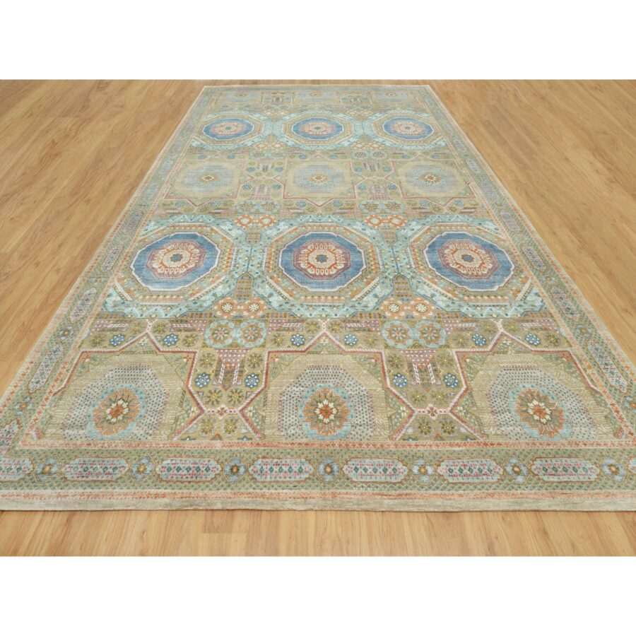 11'6"x18'1" Edamame Brown, Mamluk Design with Geometric Medallions, Textured Wool and Silk, Hand Knotted Oriental Oversized Rug Sh90689 - Image 2