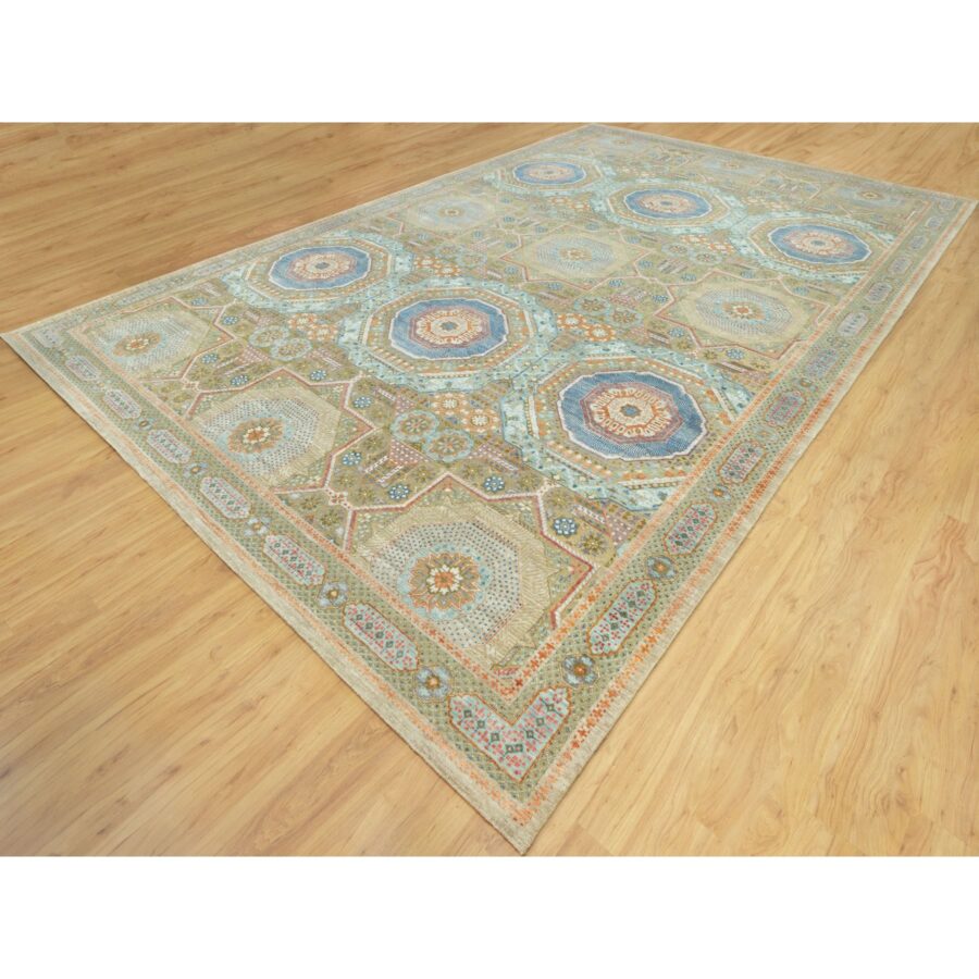 11'6"x18'1" Edamame Brown, Mamluk Design with Geometric Medallions, Textured Wool and Silk, Hand Knotted Oriental Oversized Rug Sh90689 - Image 3